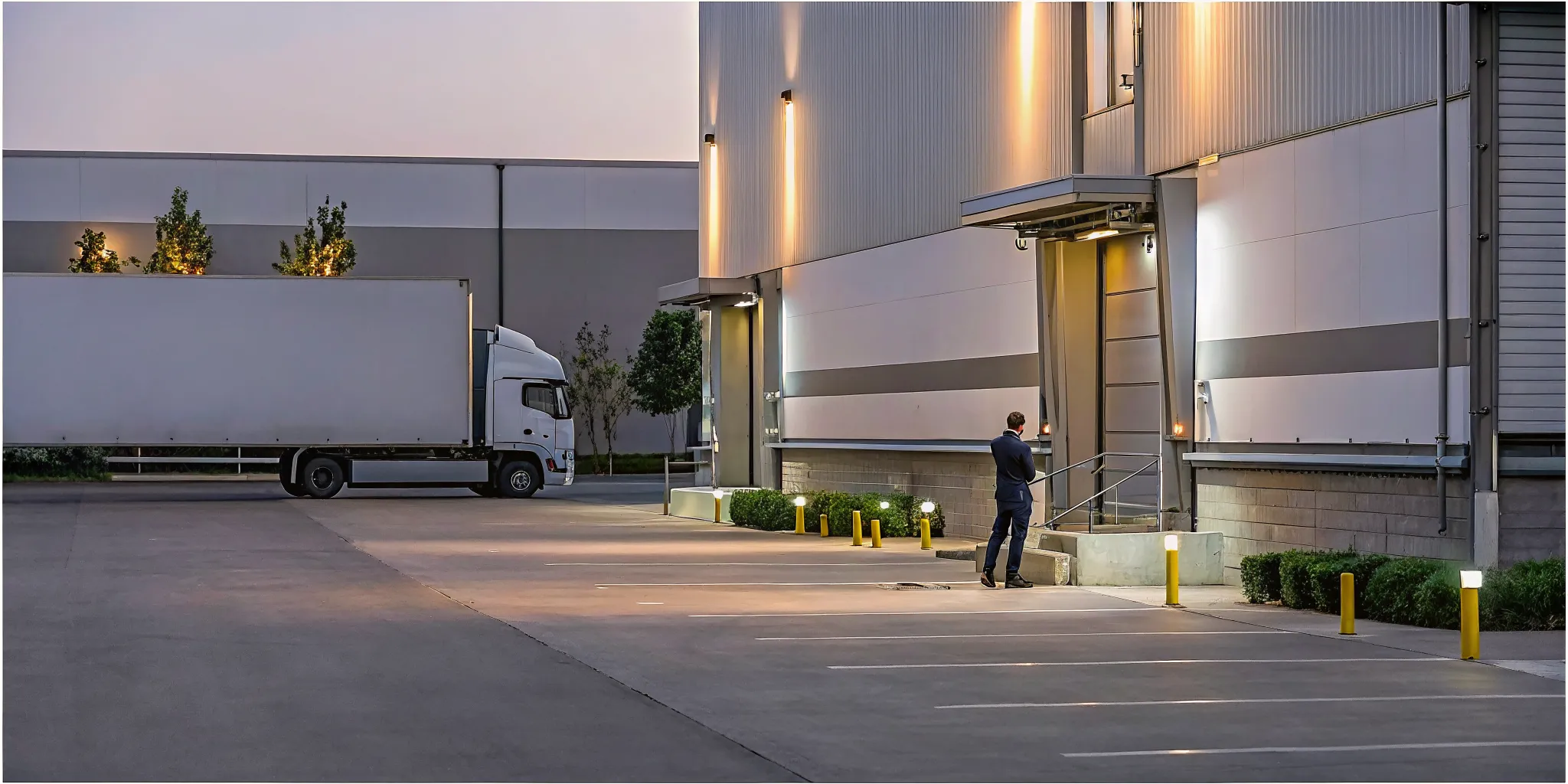 Vendor truck being checked at a secure loading dock with security personnel
