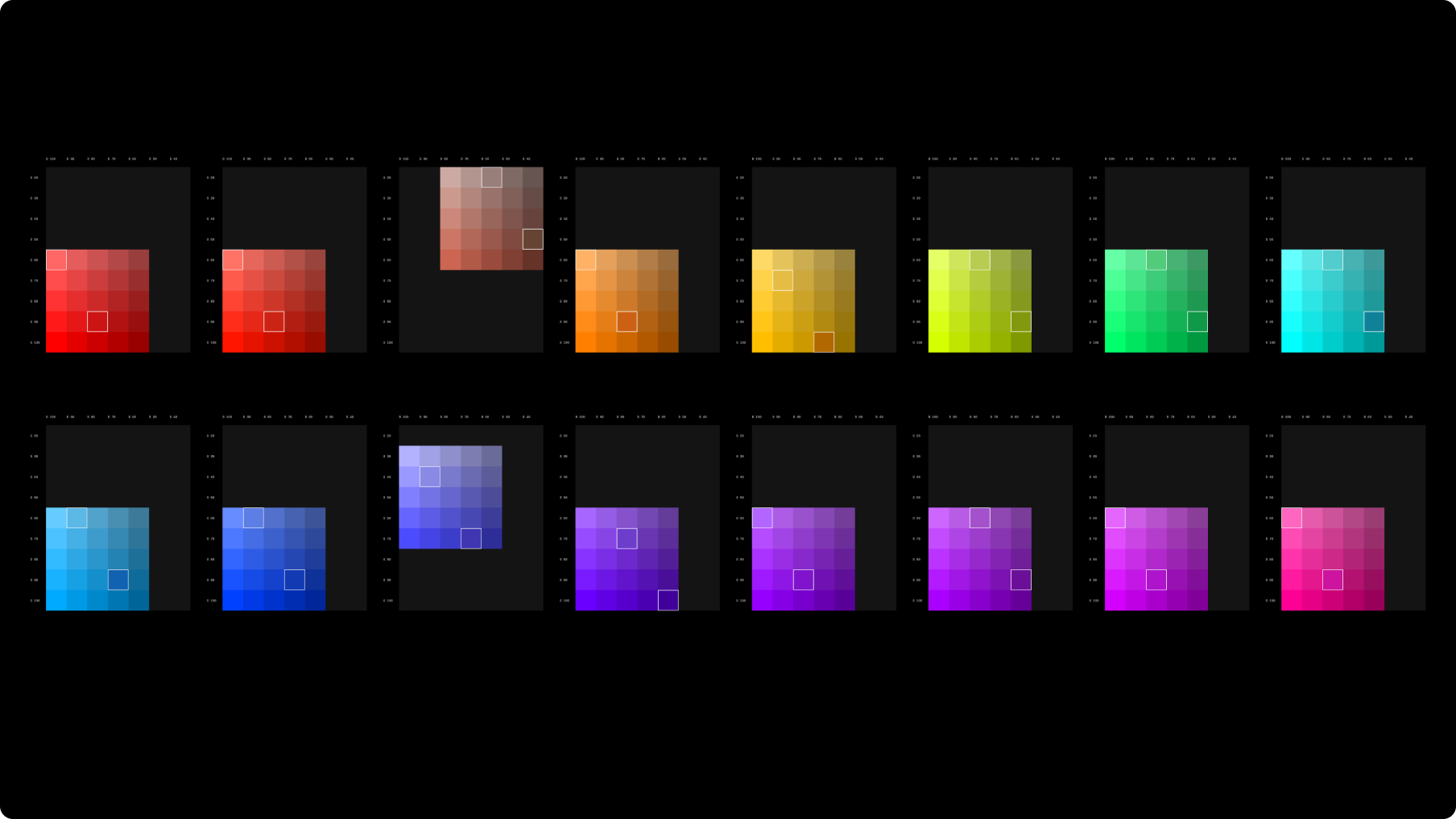 Key colors used in our palettes. Notice the common distance between swatches.