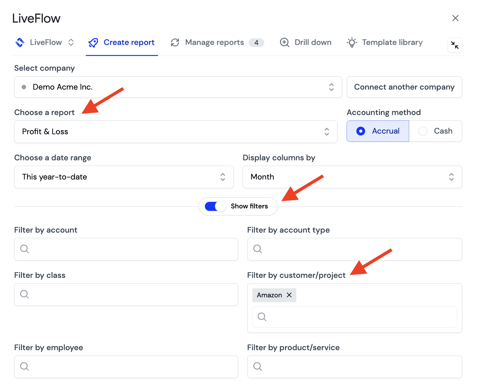 Live Profit & Loss report filtered by a customer/project