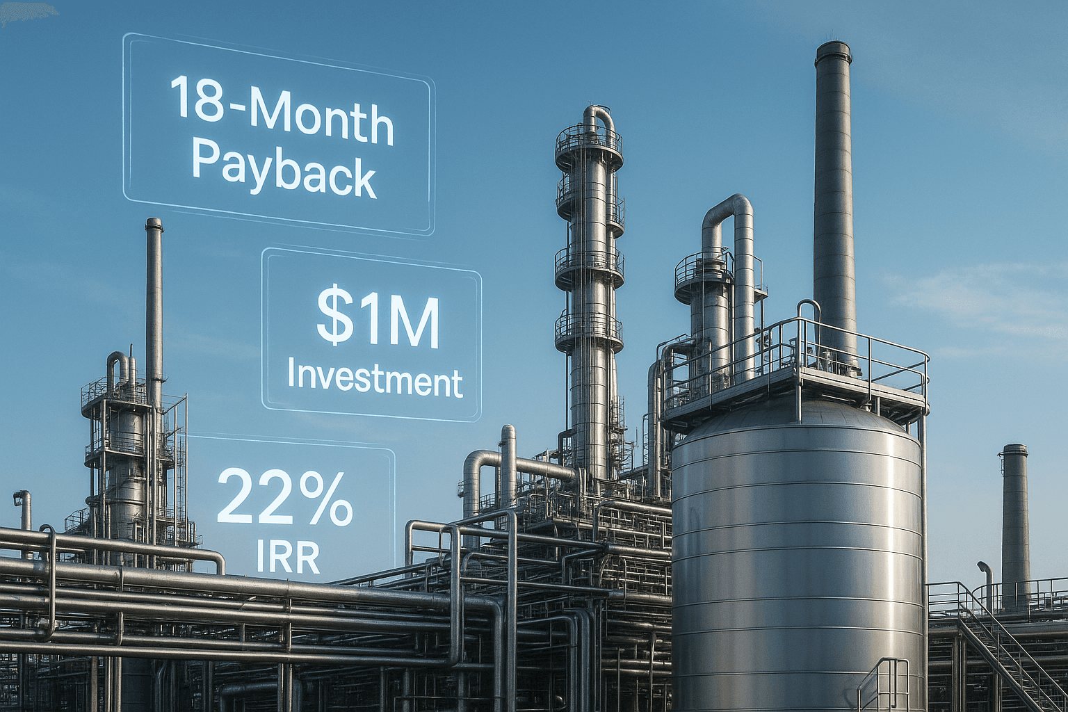 Industrial Plant with Overaly Texts - "18 month Payback" "$1M Investment" "22% IRR"