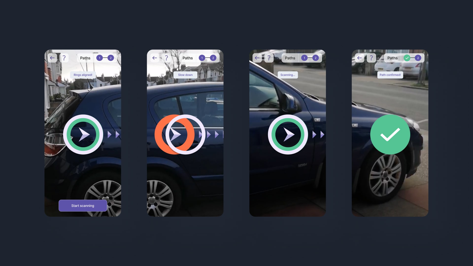 Ebbon Intelligence AR vehicle scanning app showing four-step inspection workflow