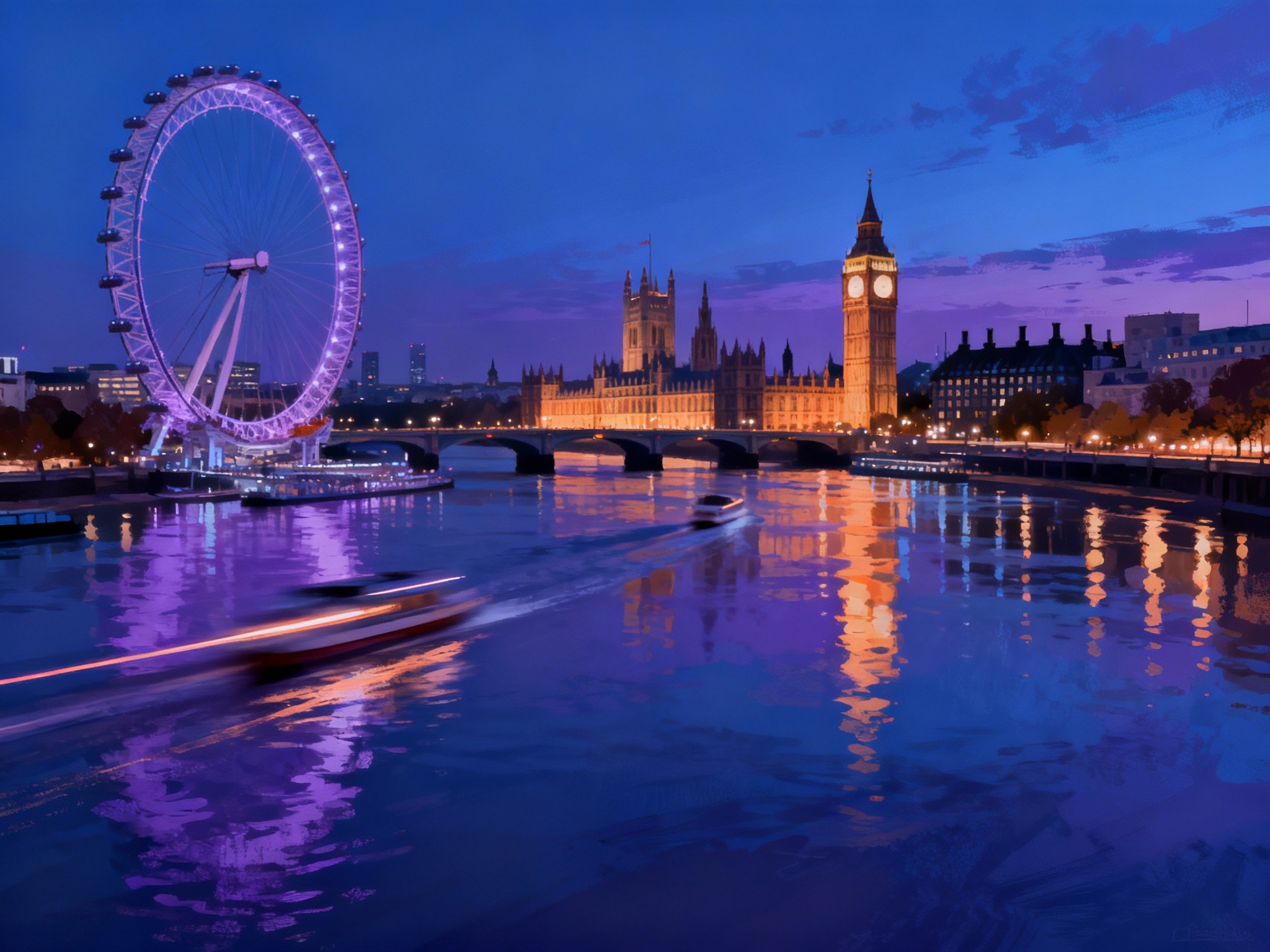 A twilight panoramic view of the London Eye and the Houses of Parliament from across the River