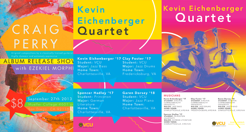 A colorful poster with text and information on: Craig Perry Album Release Show with Ezekiel Morpheus. Kevin Eichenberger Quartet.