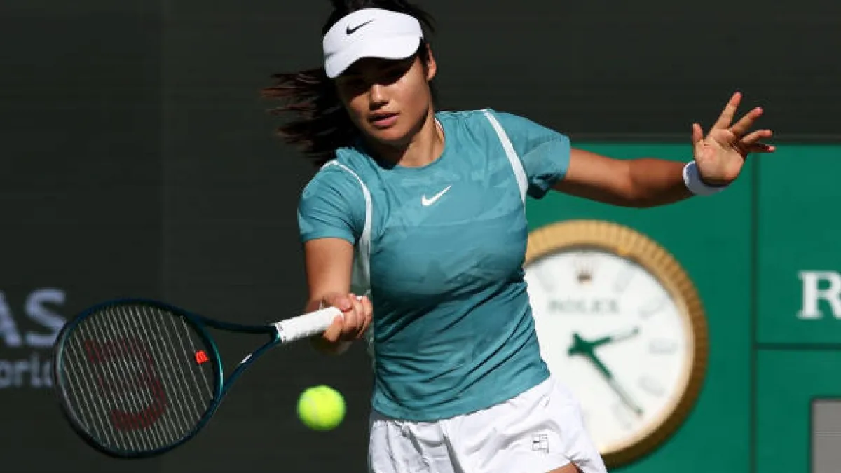 English player Emma Raducanu (WTA No. 55) who was stalked at the Dubai several weeks ago playing her first round at the BNP Paribas Open in Palm Springs, California.