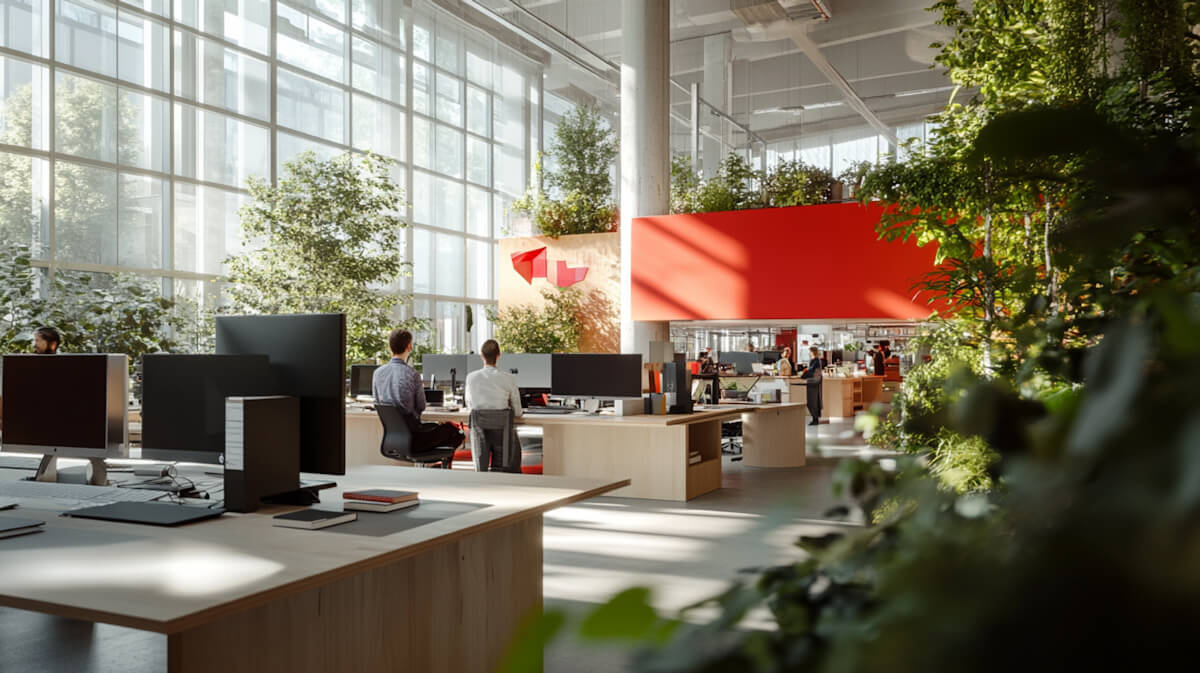 Spacious modern open-plan office with floor-to-ceiling windows, monitor workstations, and greenery