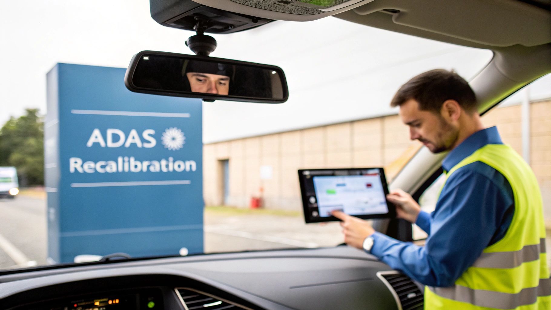 Technician calibrates a vehicle's ADAS system using a tablet, with an ADAS Recalibration sign in the background.