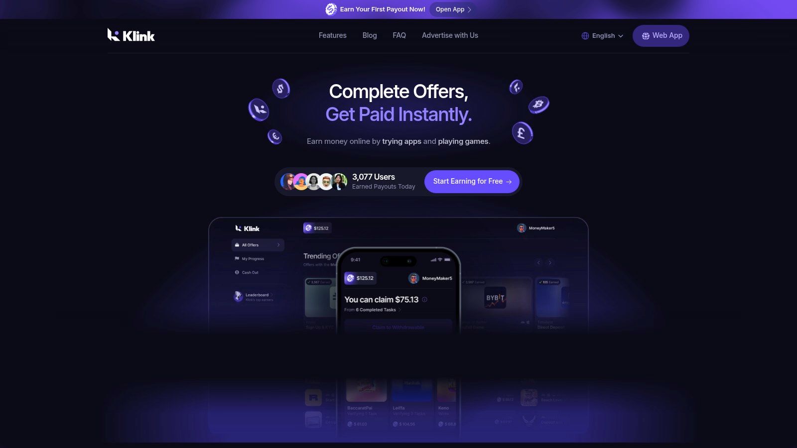 An image showing the Klink Finance app interface, with a user earning points by completing tasks and playing games, illustrating the concept of money making game apps.