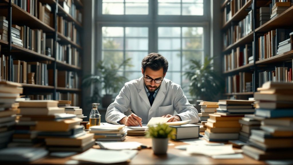 Focused researcher in a white lab coat studying documents in a library filled with books, indicating intensive academic or scientific research