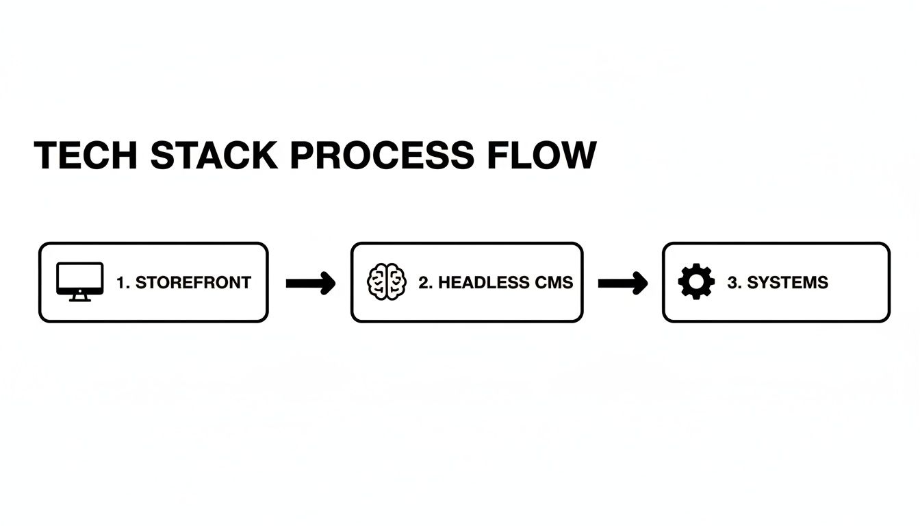 Tech stack process flow for custom e-commerce, showing storefront, headless CMS, and systems.