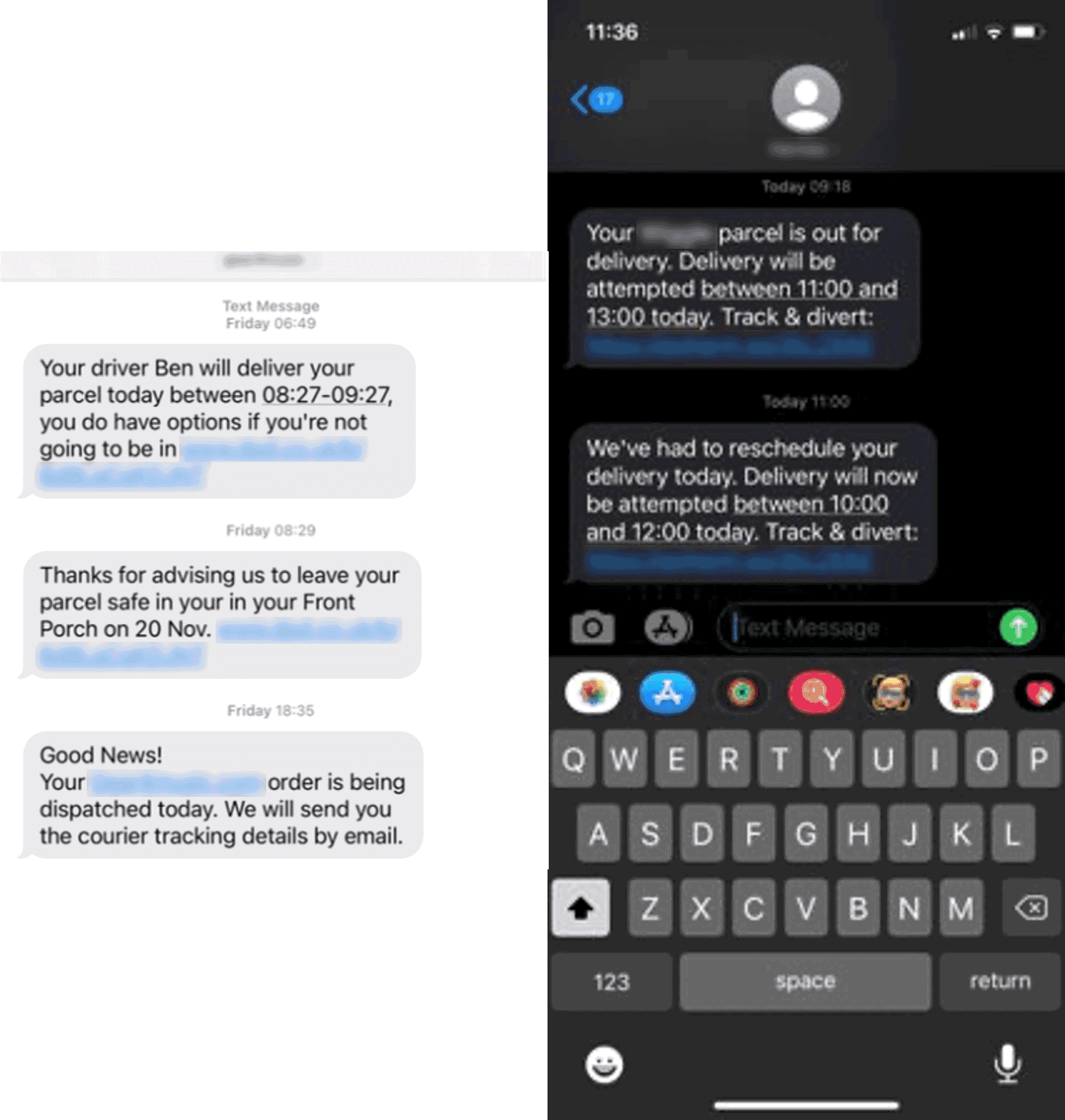 Delivery notifications via text messages showing parcel updates and delays