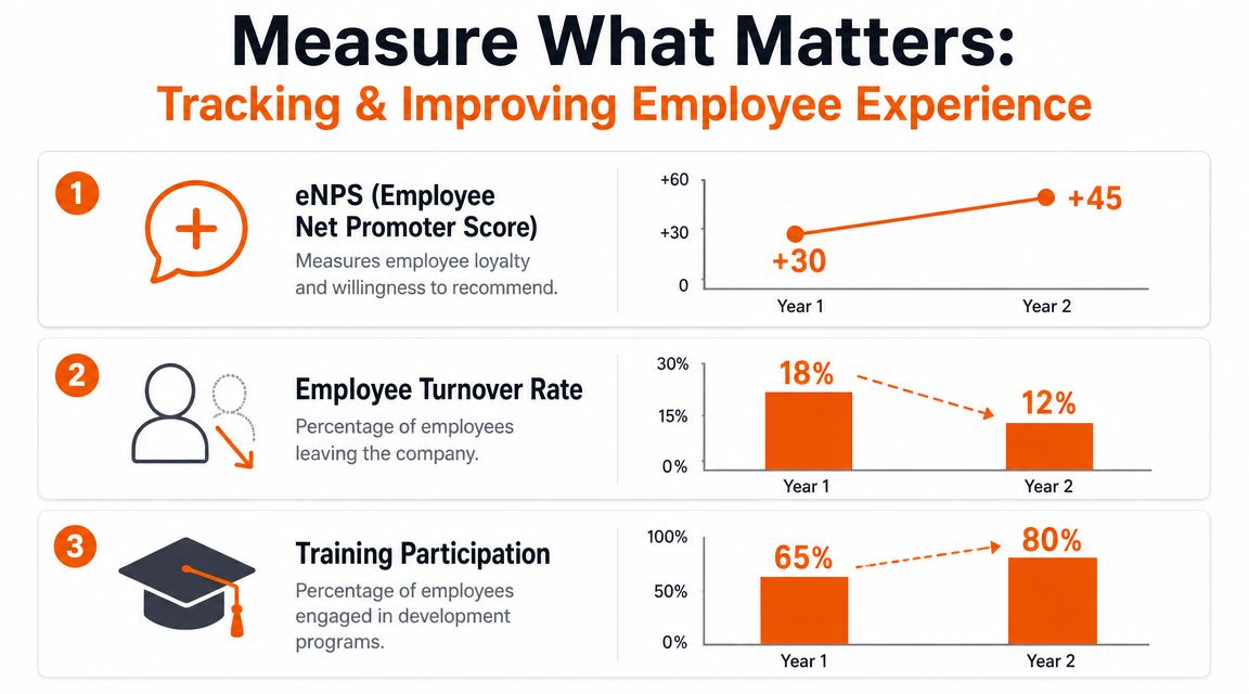 An infographic showing three metrics for improving employee satisfaction: eNPS, turnover rate, and training participation.