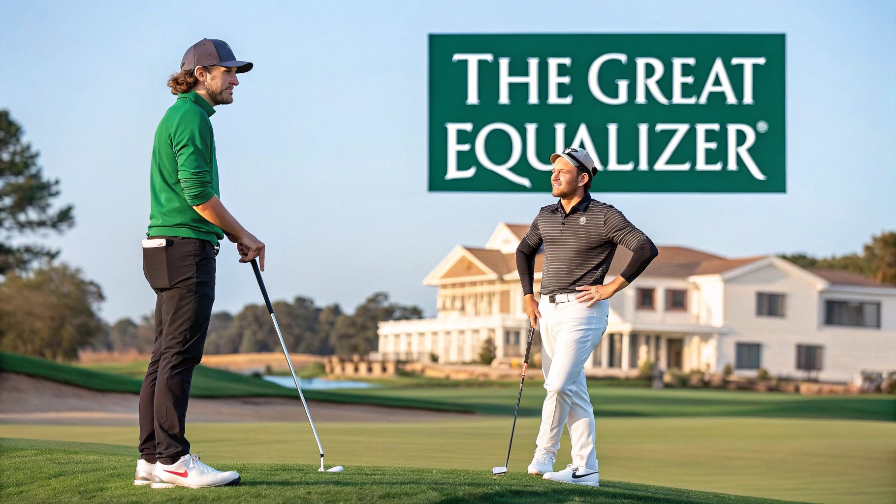 Two male golfers, one tall and one shorter, stand on a golf course with a 'The Great Equalizer' sign.