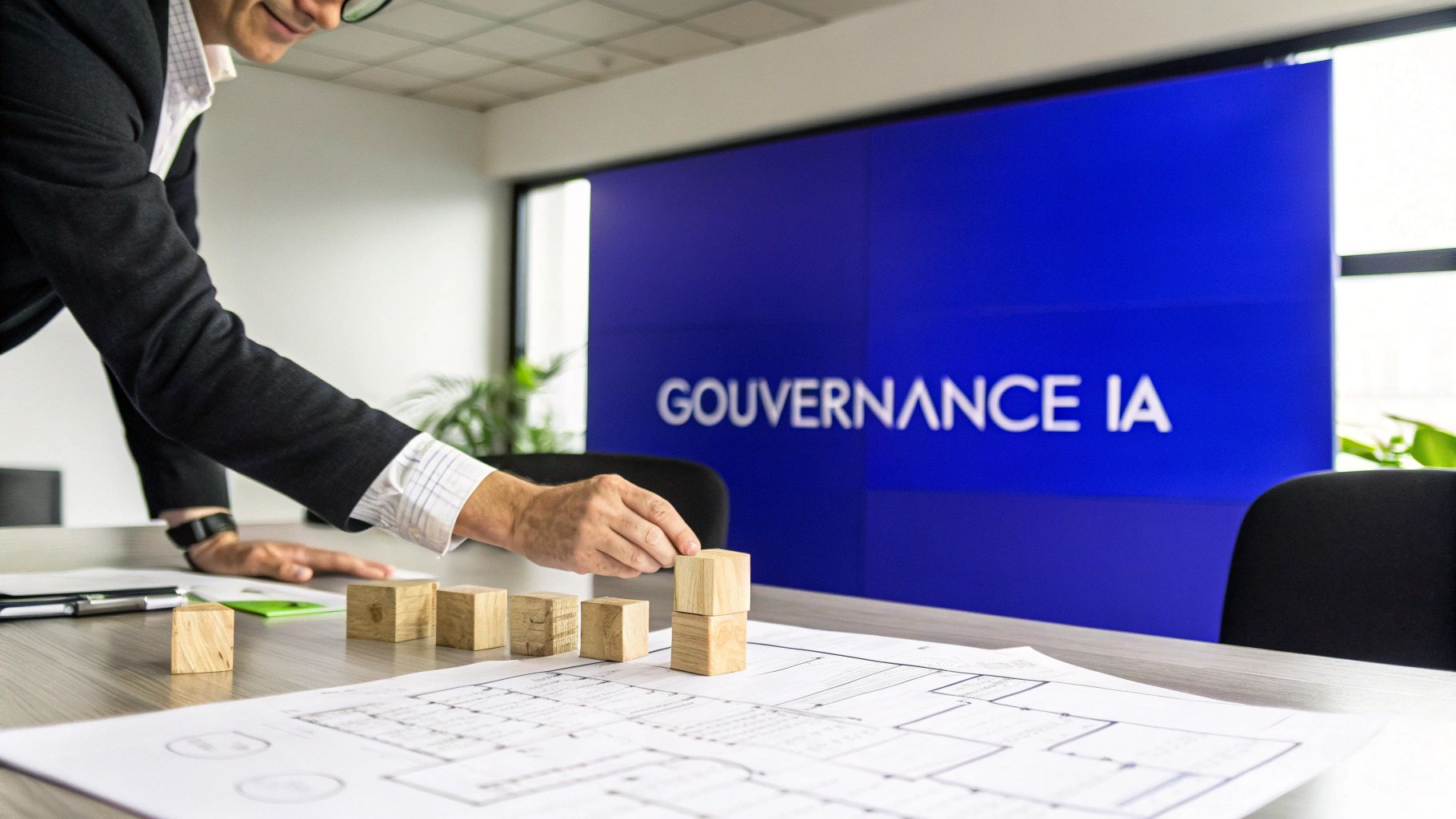Un homme d'affaires empile des blocs de bois sur des plans, avec un écran affichant 'GOUVERNANCE IA'.