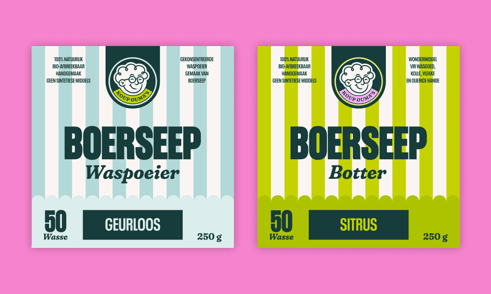 Two label designs on a pink background.