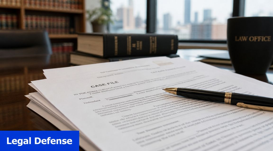 A legal case file document sits on a wooden desk with a black pen and law office mug.