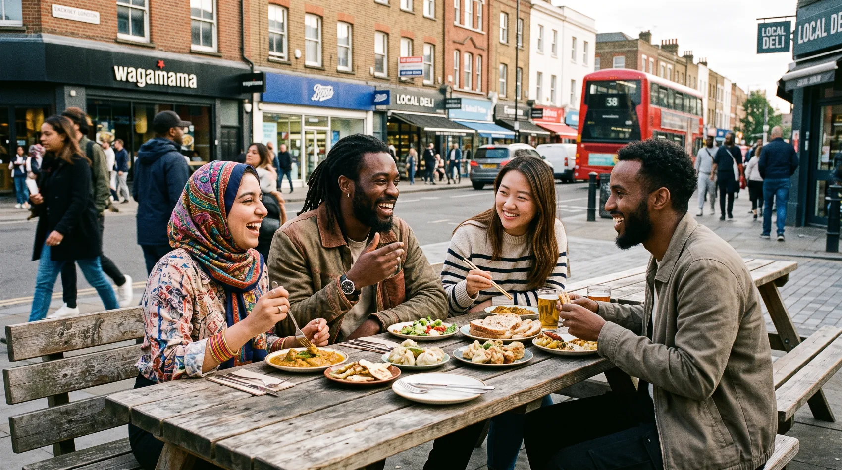Multicultural friends sharing global cuisine outdoors in London street