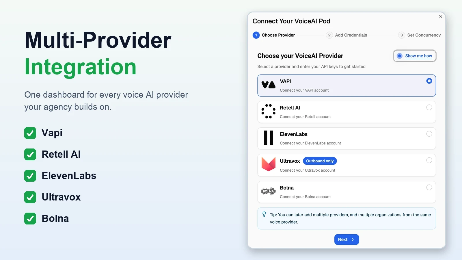 Multi-provider integration panel in VoiceAIWrapper showing the Connect Your VoiceAI Pod setup modal where an agency selects Vapi, Retell AI, ElevenLabs Agents Platform, Ultravox, or Bolna and adds API credentials to power its white label AI receptionist.