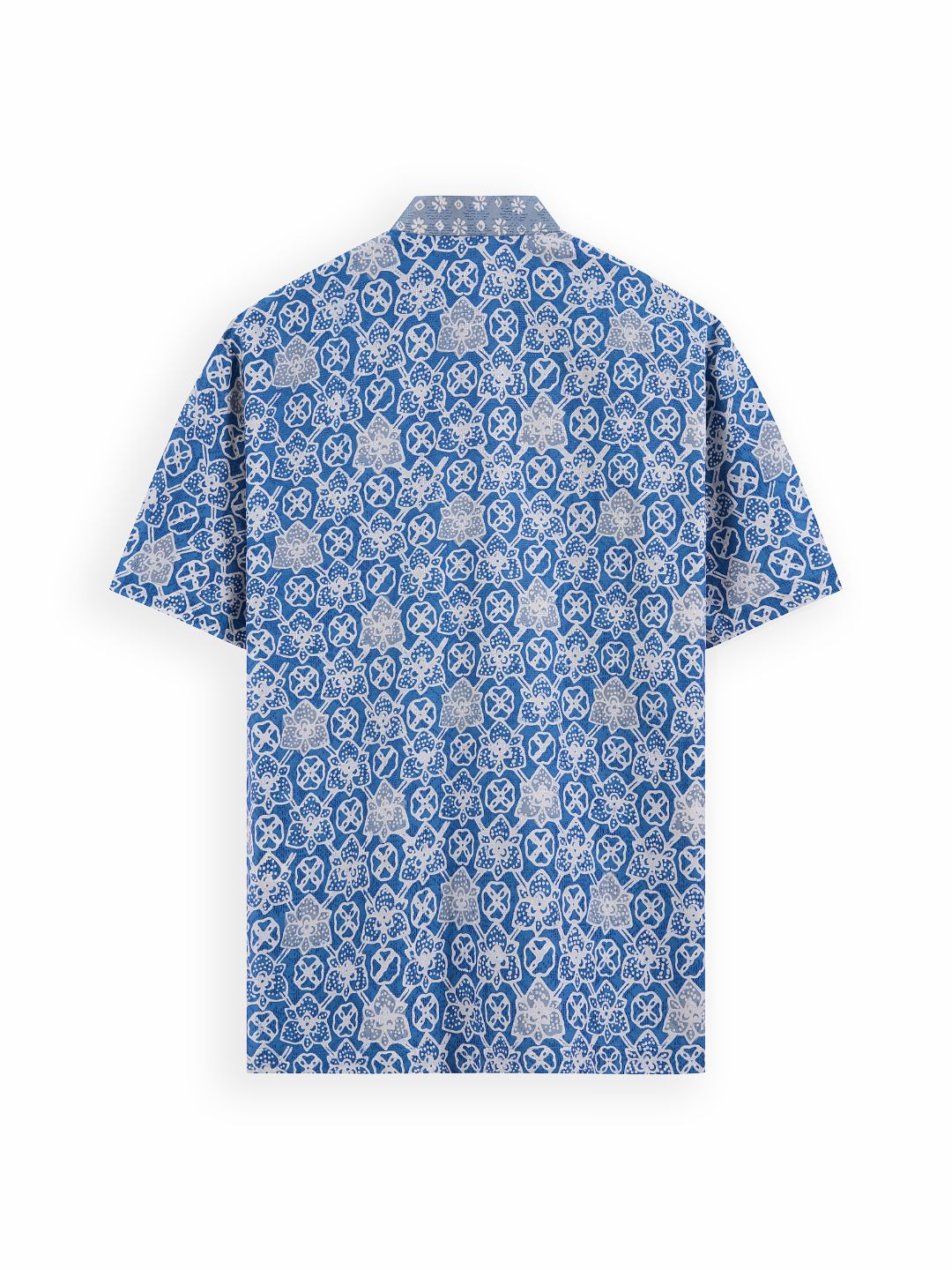Photo of products from Yeomama® Batik, Mandarin Short Sleeve Shirt (Peranakan Petals - Blue), shot against a white background by JU Productions