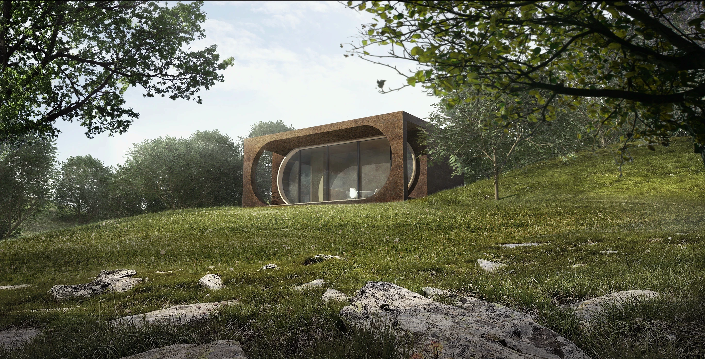 Contemporary modular architecture cabin with curved wooden interior and large glass façade integrated into a natural forest landscape.