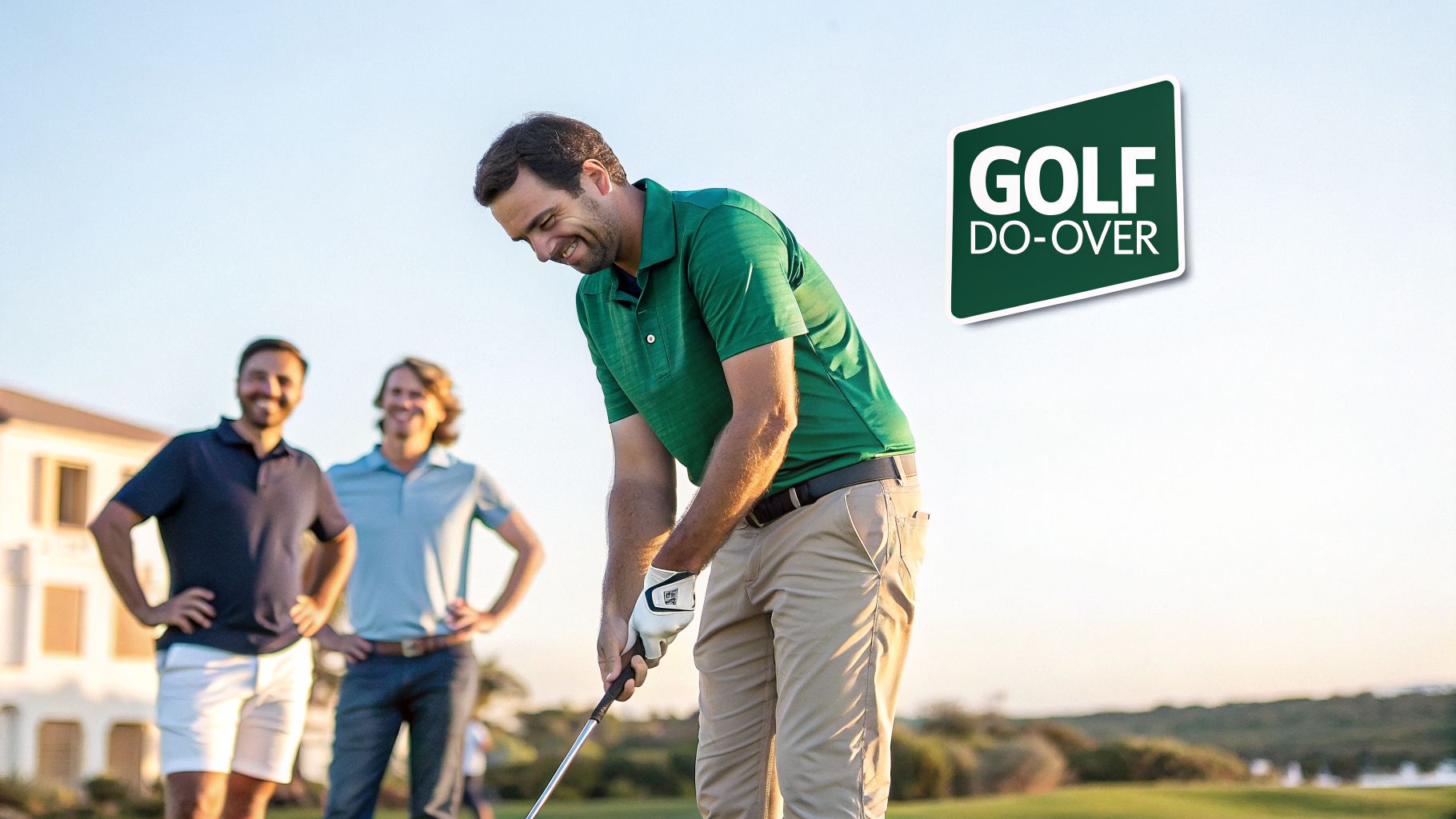 Three men on a sunny golf course, one preparing to swing a club, with a 
