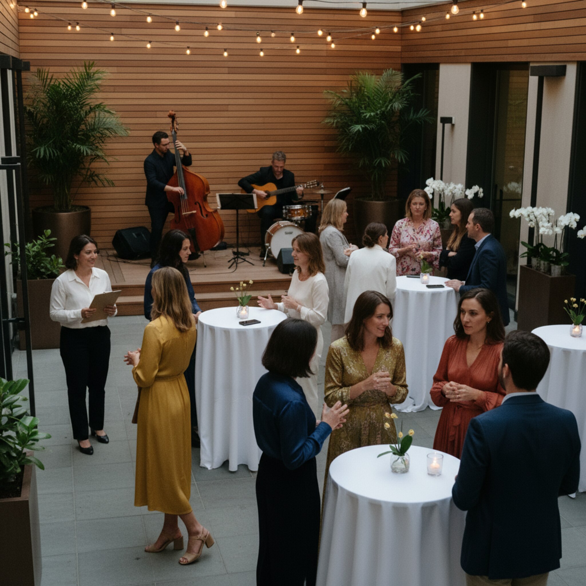 Ein stimmungsvoller Abend mit Lichterketten, ein kleines Ensemble spielt leise im Hintergrund. Gäste plaudern an Stehtischen, ein Gastgeber begrüßt Ankommende mit einem freundlichen Lächeln. Die Szene wirkt organisiert und exklusiv, ohne überladen zu sein. Dezente Dekoration schafft Wärme.