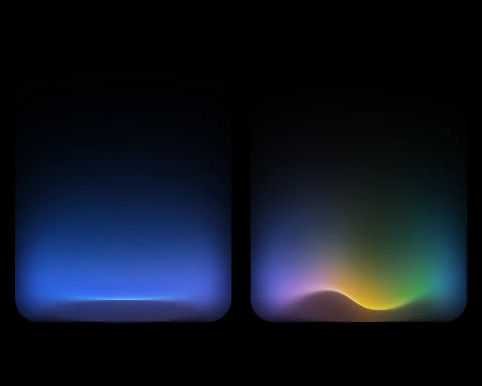 Side-by-side dark panels showing a flat blue base gradient and a vibrant, multi-colored undulating wave