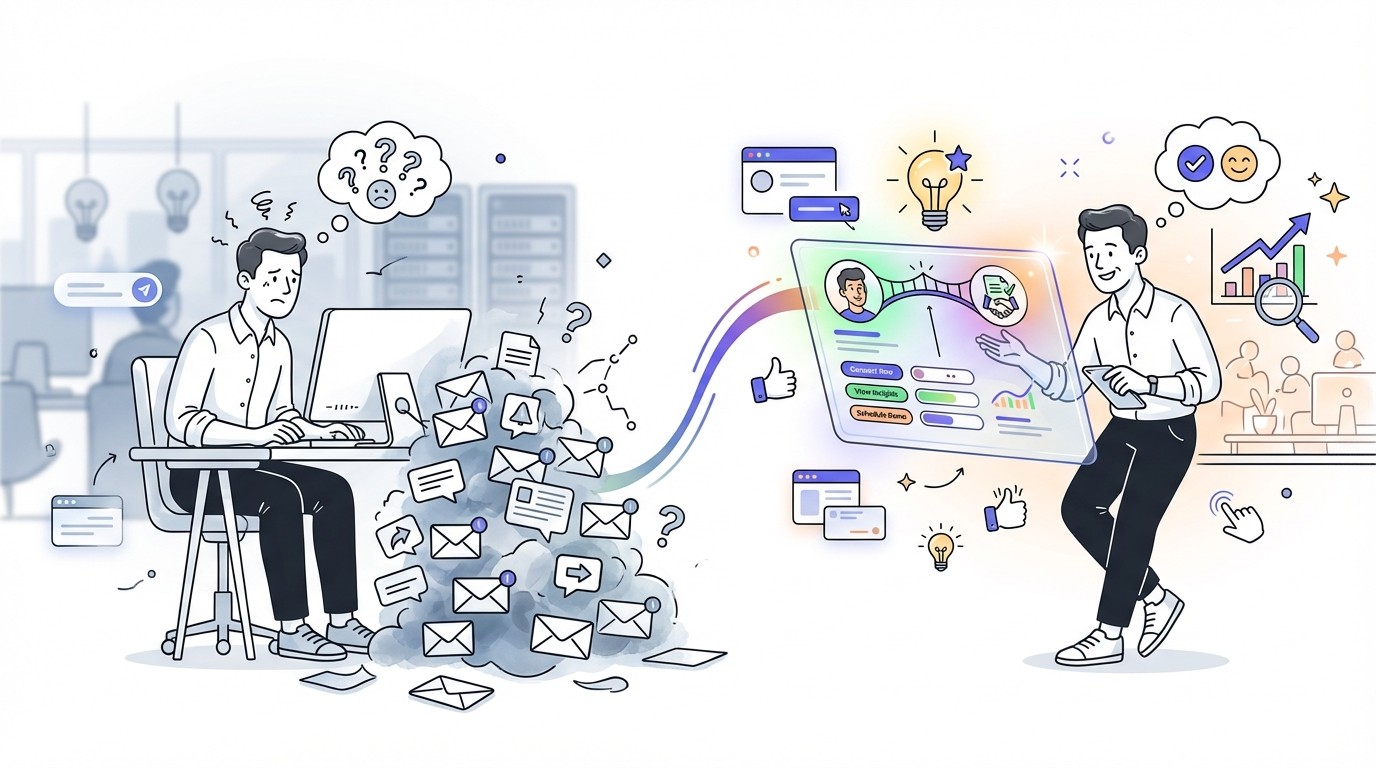 An illustration contrasting generic and personalized outreach. On the left, a professional is overwhelmed by a pile of ignored, identical digital messages. On the right, the same professional is engaged with a single, glowing, personalized message on a screen.
