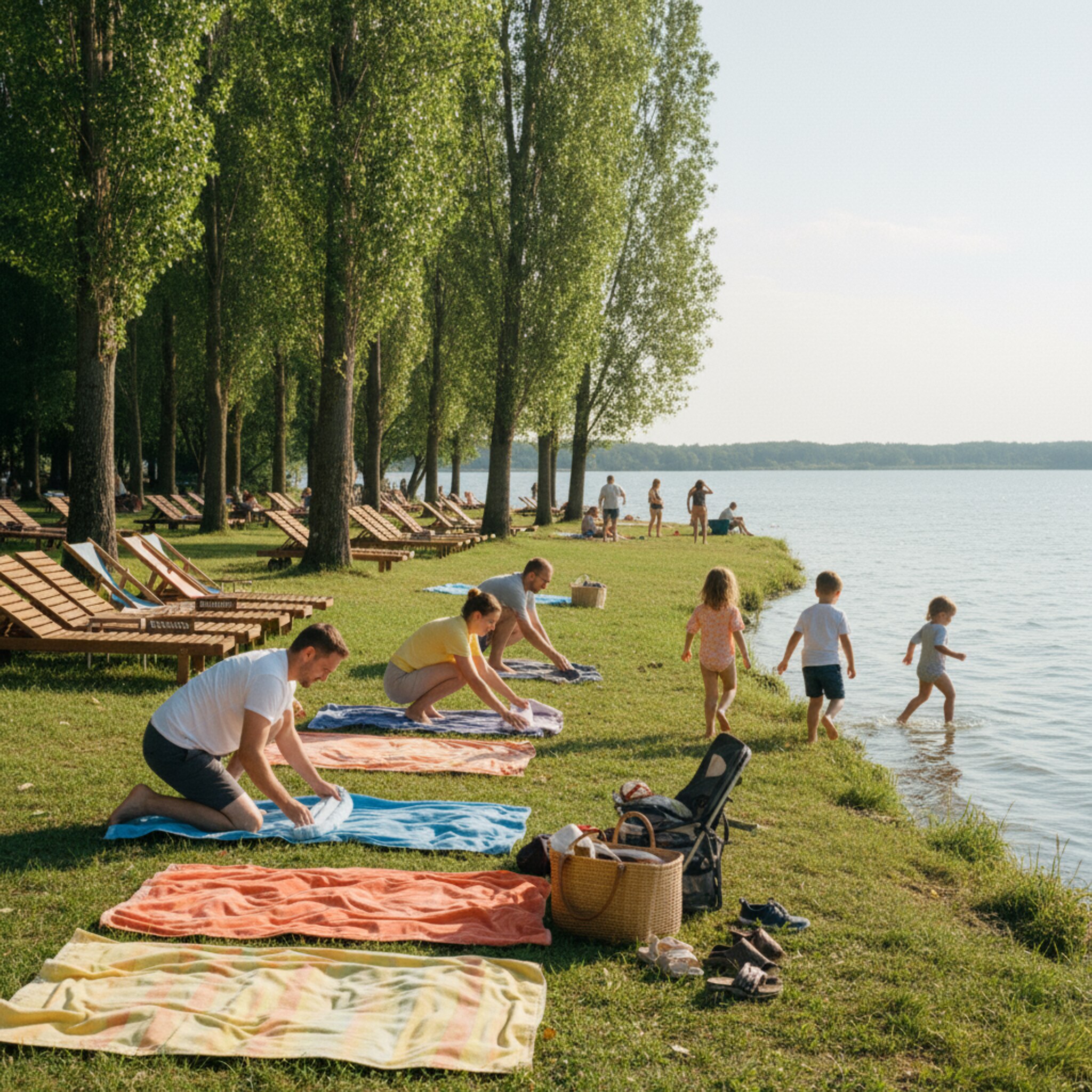 Familien breiten am grasigen Ufer bunte Handtücher aus, Kinder rennen barfuß Richtung Wasser. Unter hohen Pappeln stehen ordentliche Reihen von Liegen und ein paar Strandkörbe, einige Plätze sind mit kleinen Schildern markiert. Ein leiser Wind bewegt die Blätter, das Wasser glitzert ruhig.