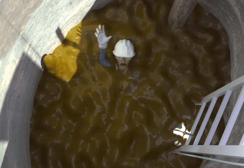 Worker drowning in sewage water from lessons learned animation
