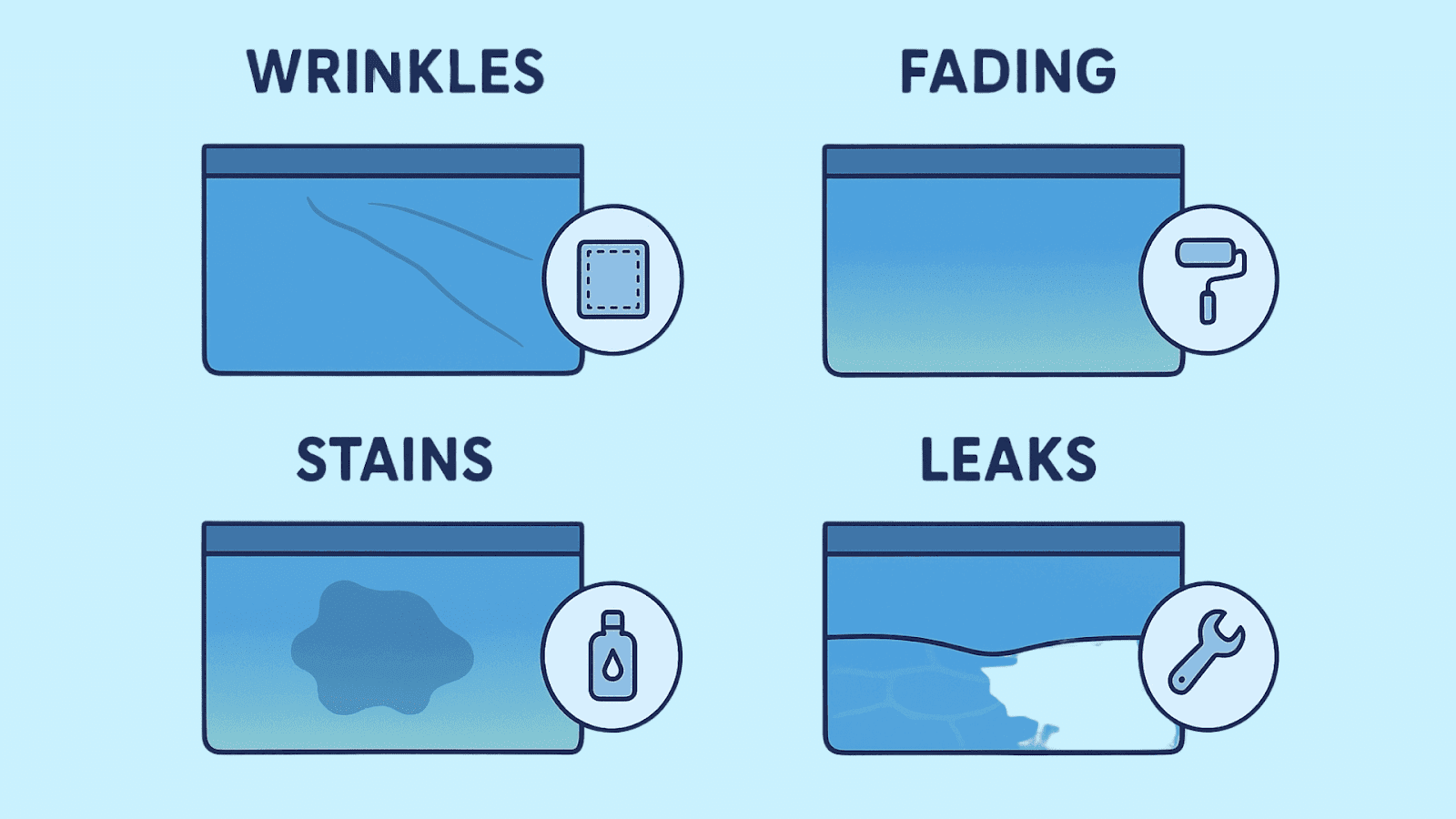 Common vinyl pool liner problems such as wrinkles, fading, leaks, and stains with recommended quick fixes