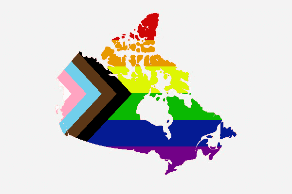 Map of Canada featuring a rainbow flag design with Indigenous and LGBTQ+ symbols.