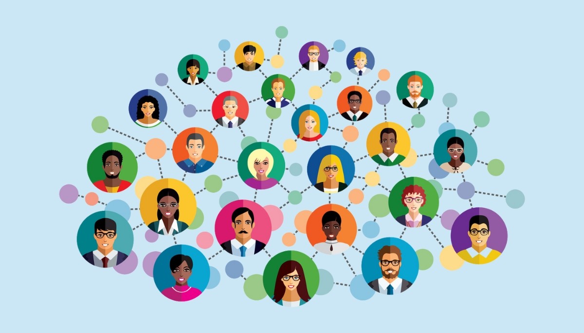 Illustration of diverse avatars connected by dotted lines and colorful nodes—symbolizing the power of professional networking platforms to foster career connections and collaborative opportunities.