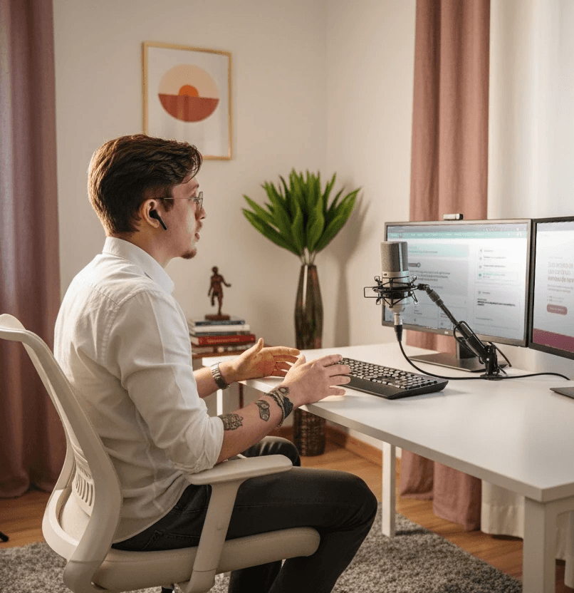 Homem com óculos e camisa branca gesticulando em um setup de gravação com dois monitores e microfone, possivelmente gravando um podcast ou fazendo streaming em seu home office.