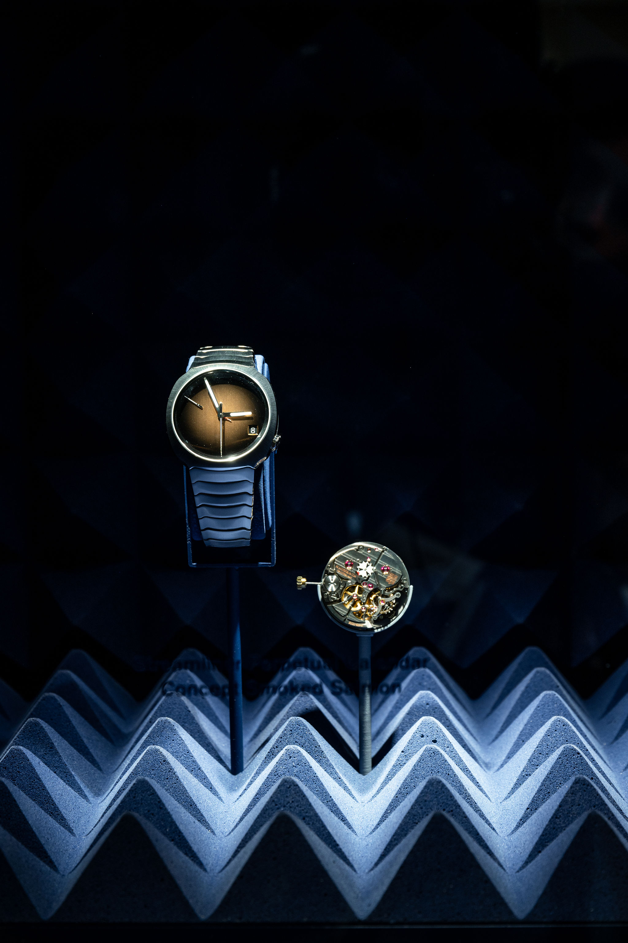 Streamliner and movement display product of the H. Moser & Cie design retail and creative  concept booth for the Watches and Wonders fair 2024 