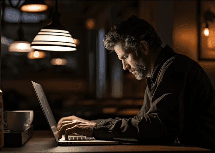 A man with a beard types on a laptop in a dimly lit cafe, illuminated by a warm pendant light. The atmosphere is focused and contemplative.