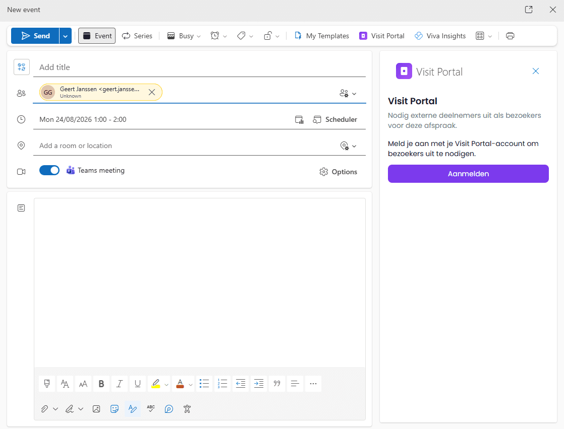 Visit Portal knop in het lint van een nieuwe Outlook uitnodiging