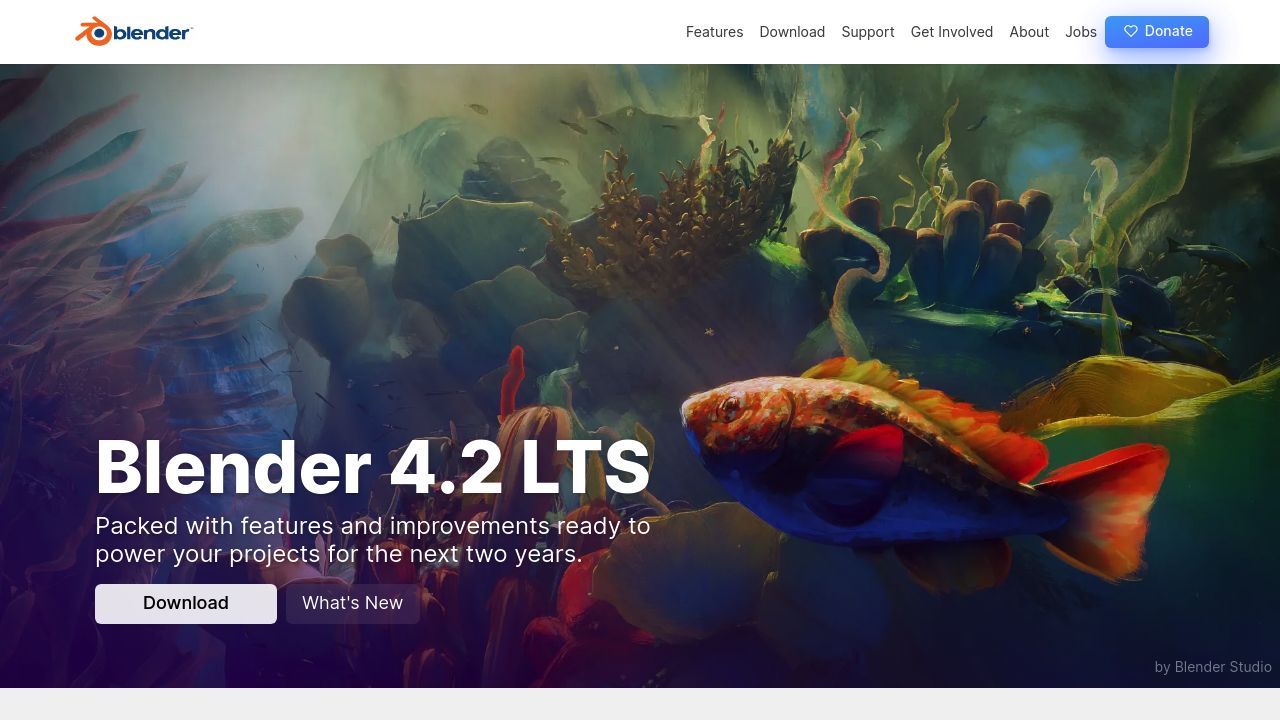 Screenshot of the Blender website showcasing the free and open-source 3D creation suite