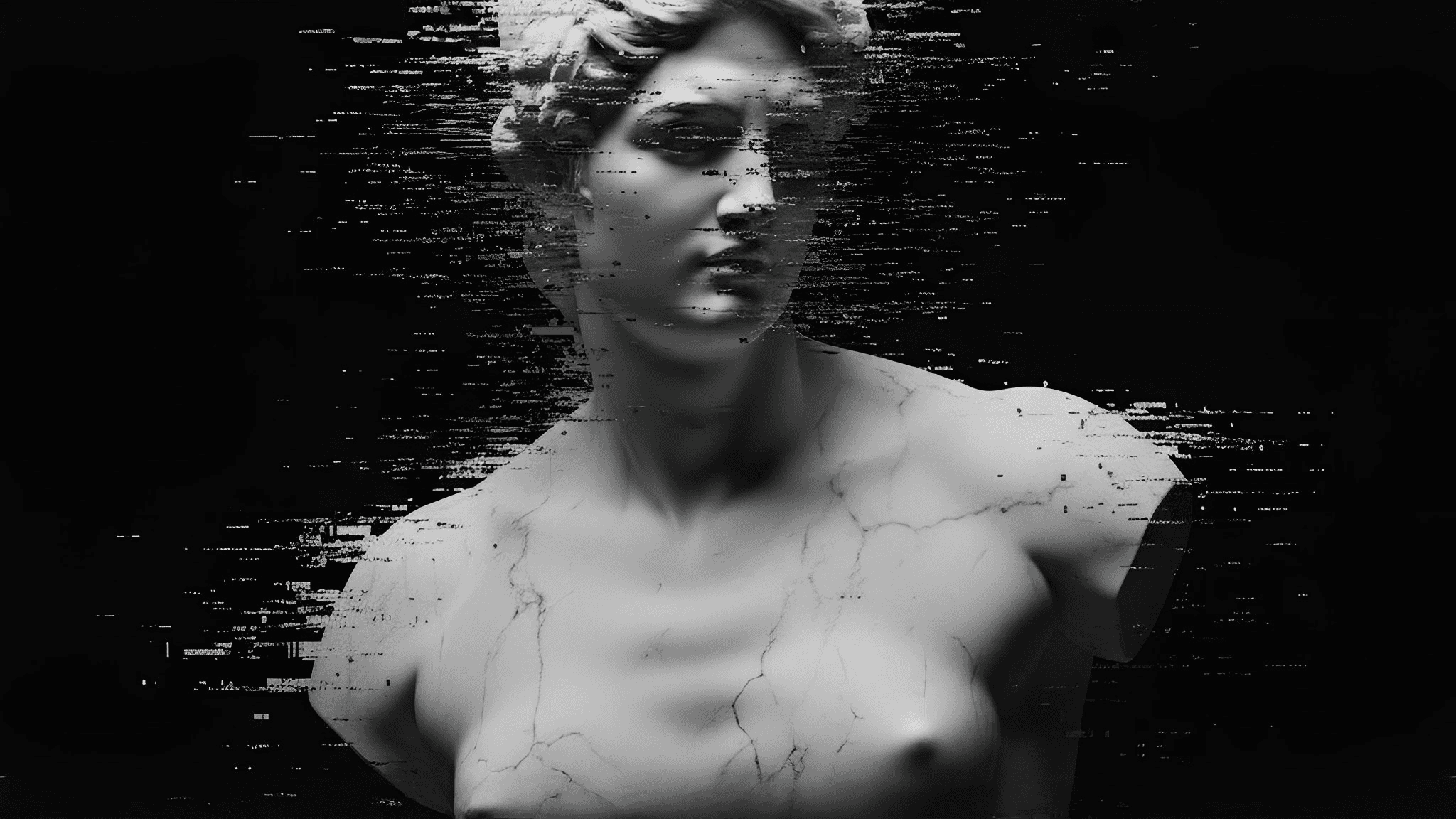 Classical marble statue covered in digital static noise