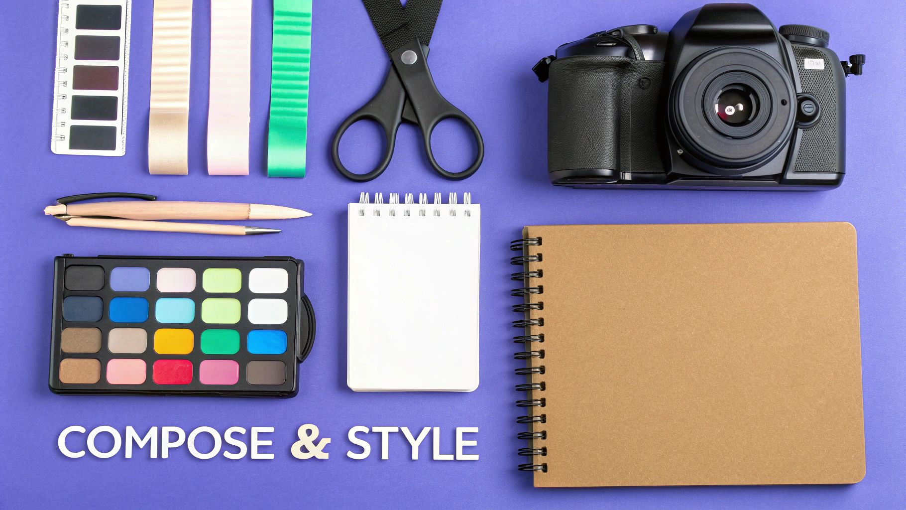 A flat lay of a notebook, pen, and coffee on a clean, modern surface.