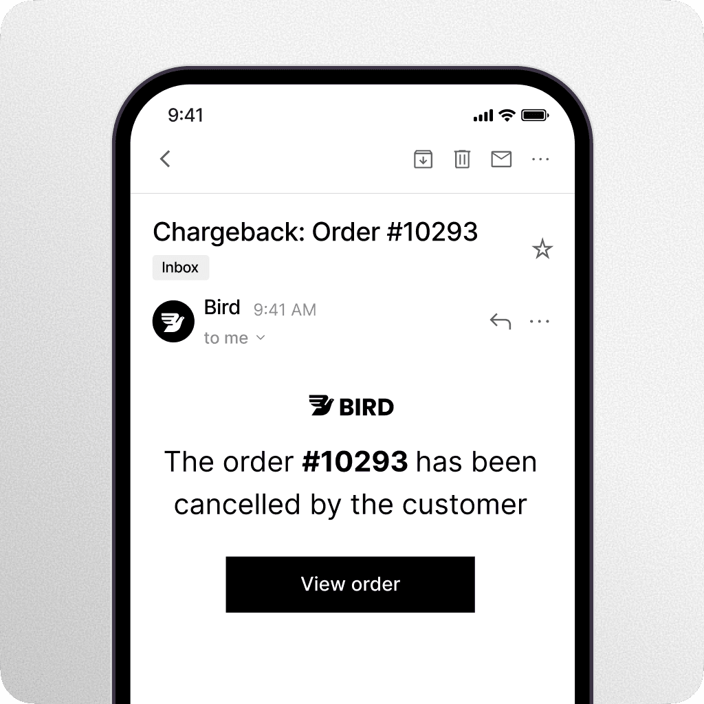 Email notification from Bird showing a chargeback alert for Order #10293, stating that the order has been canceled by the customer with a 'View order' button.