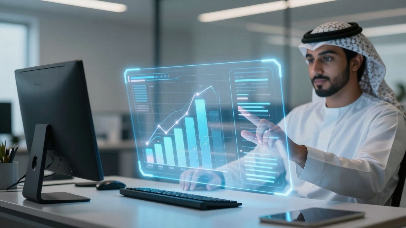 AI marketing technology interface in a modern office.