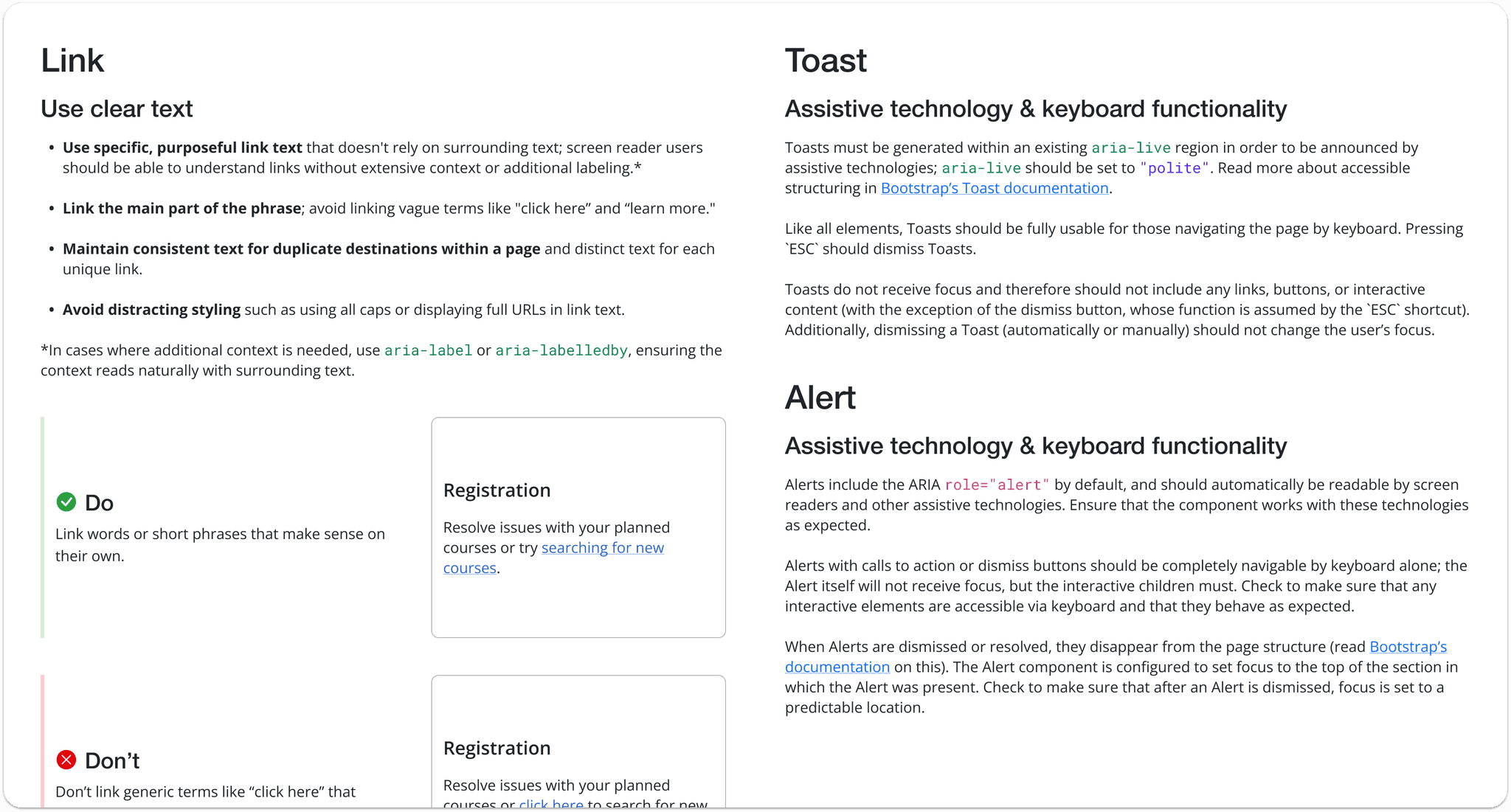 Selected accessibility information for Link, Toast, and Alert components.