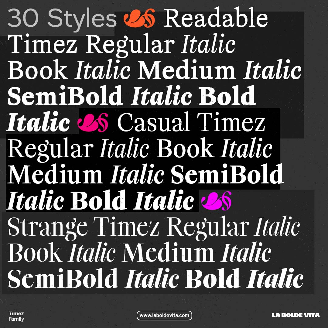 all thirty styles of the Timez family set in a running text divided by coloured floral hearts