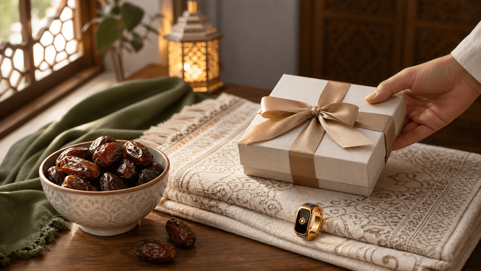 A Ramadan gift box with dates, a prayer mat and a smart dhikr ring in warm window light