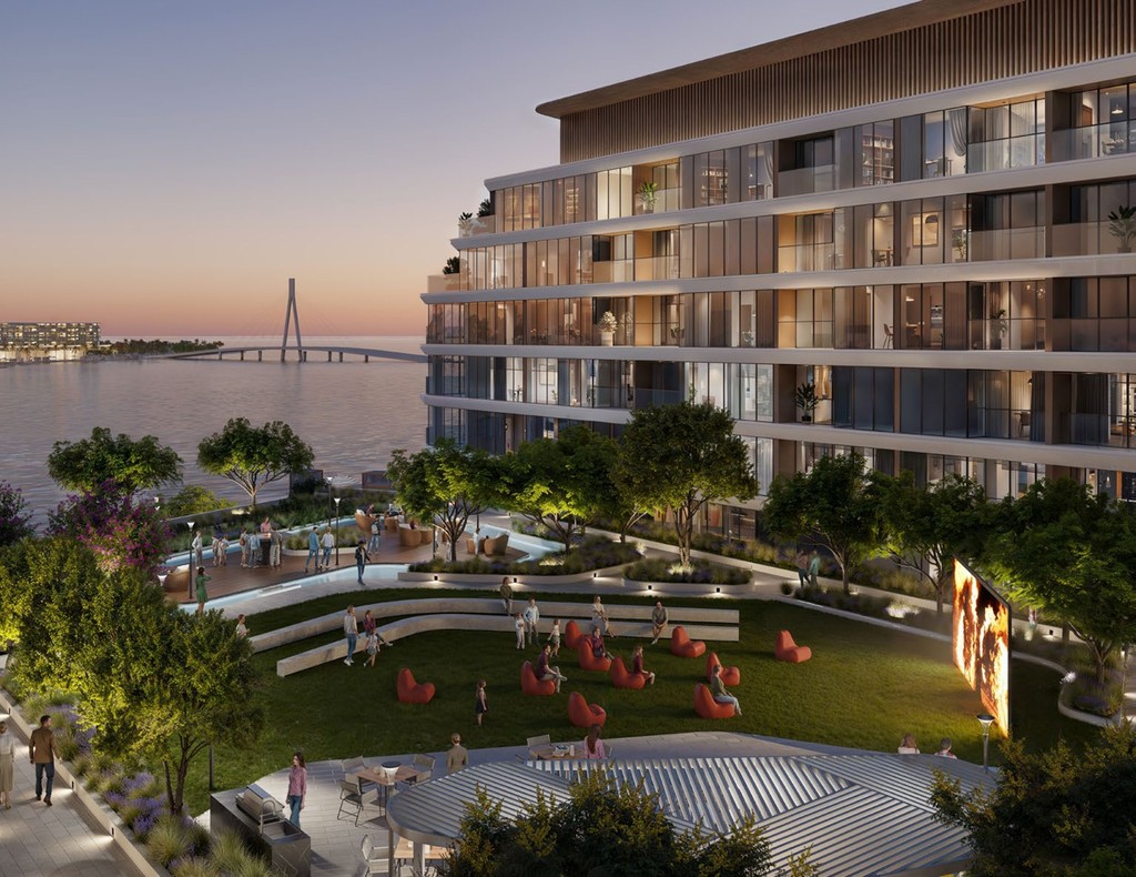 Artist's rendering of the proposed development at Delphine Beach, located at the intersection of the bay and river.