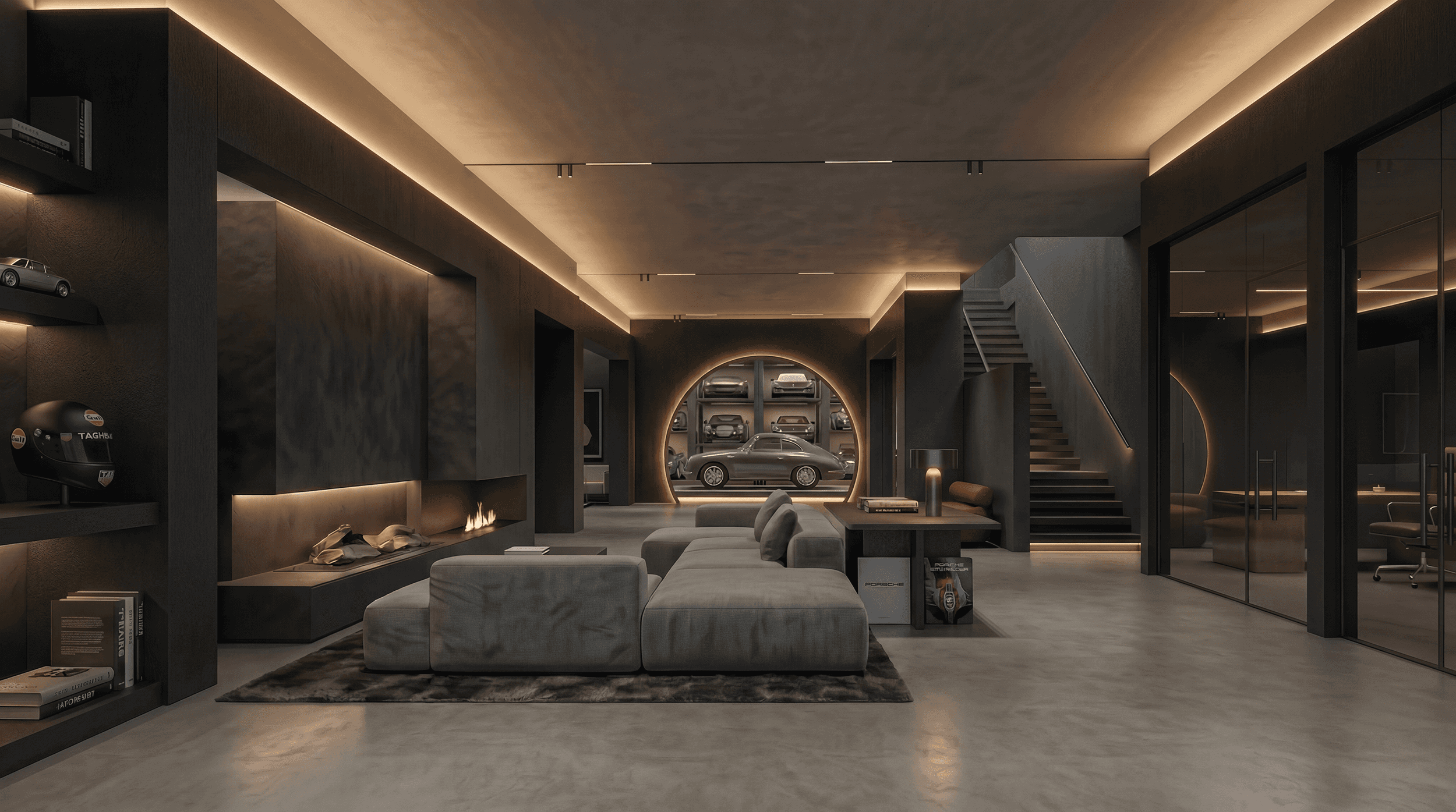 Lower interior members lounge rendering showing moody vibe, classic cars, racked storage and comfy lounge furniture, Montana cozy but very sexy