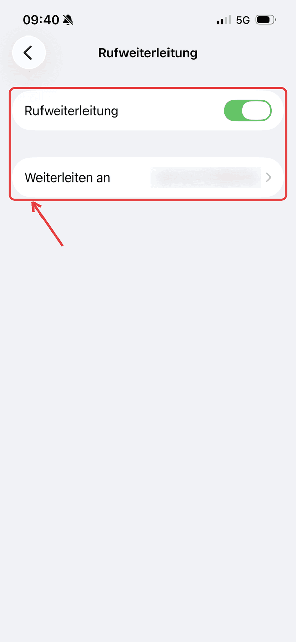 Rufweiterleitung einschalten und deine Ringover-Nummer eintragen.