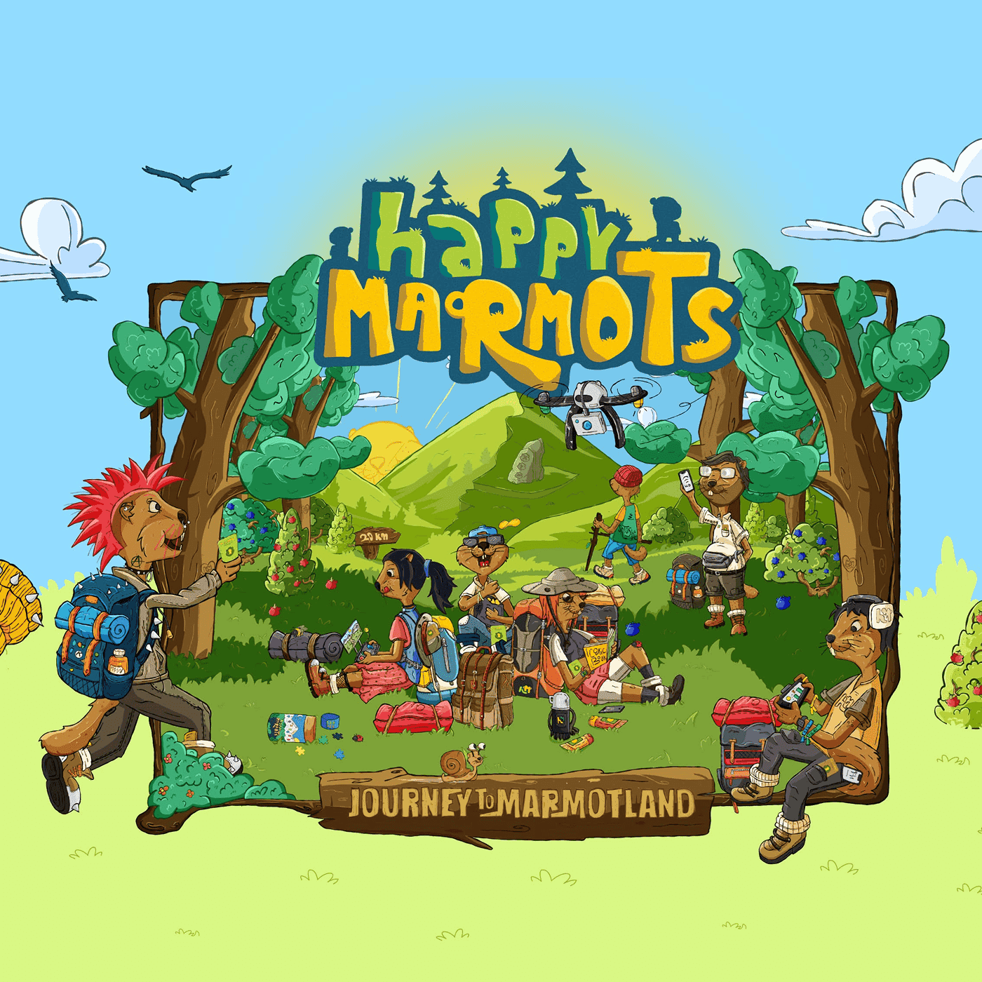 Happy Marmots main illustration, the main characters of Happy Marmots brand are presented in a beautiful forest, surrounded by toys, bags and other hiking stuff