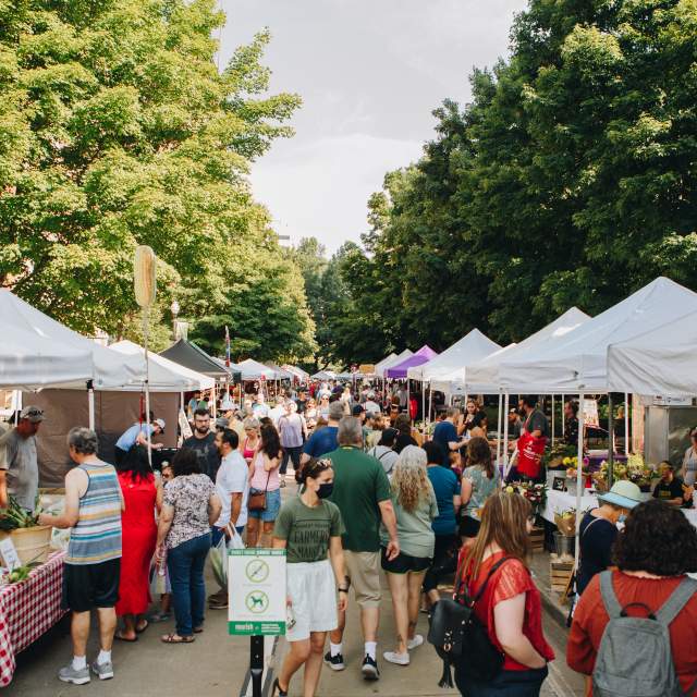 Busy farmers market with successful vendors