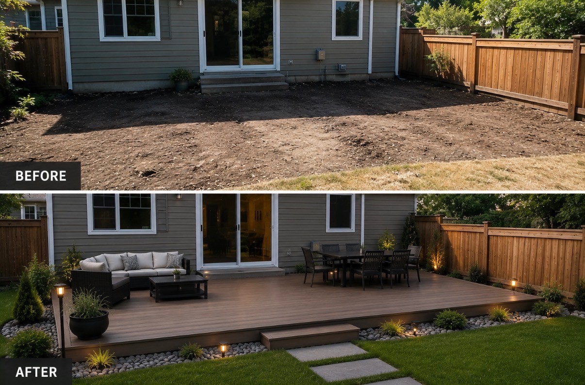 Finished deck with railing and table